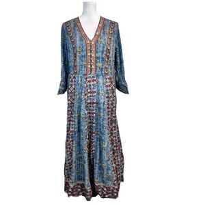 Soft Surroundings Dress sz 12 Blue Orange Artsy Embroidery Peasant Boho Peasant